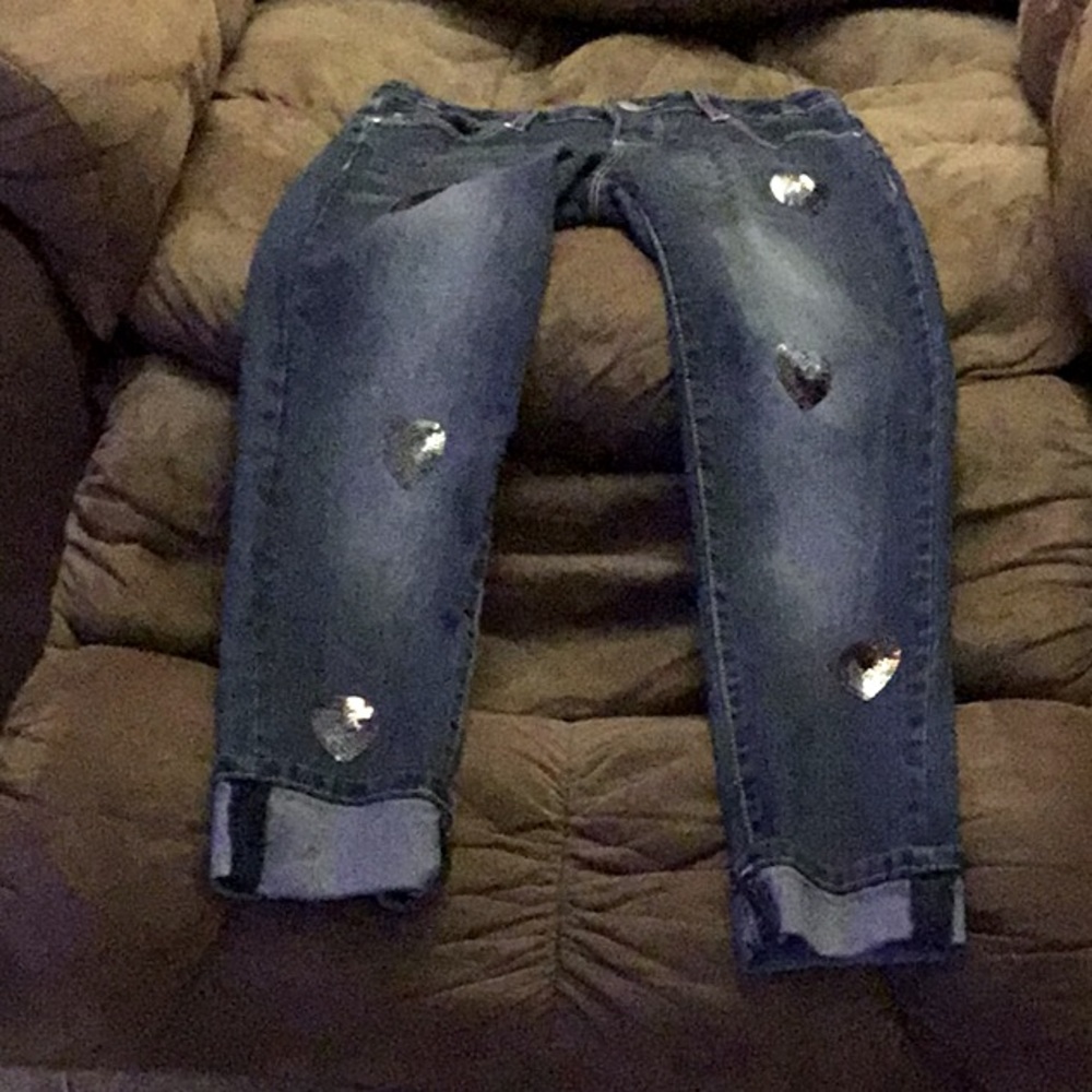 Total Girl Blue Jeans Cuffed Size 14 Regular with Shiny Hearts Front of Legs